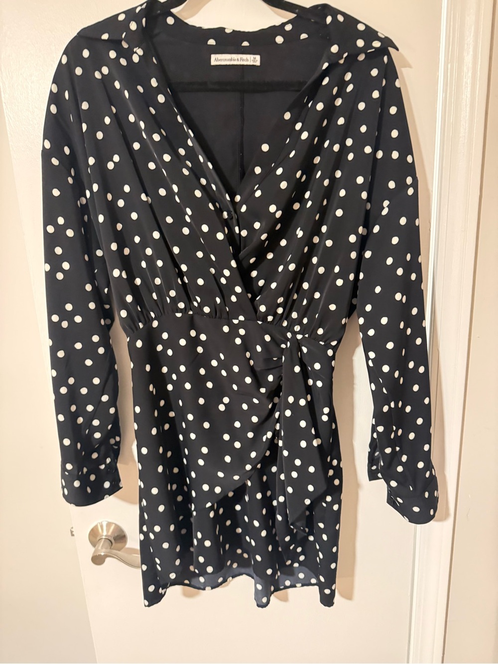 Abercrombie & Fitch Black and White Polka Dot Wrap-Style Long Sleeve Dress